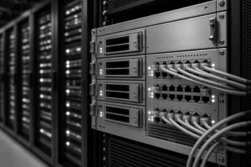 Servidor y conexiones de red en un centro de datos para alojamiento web.