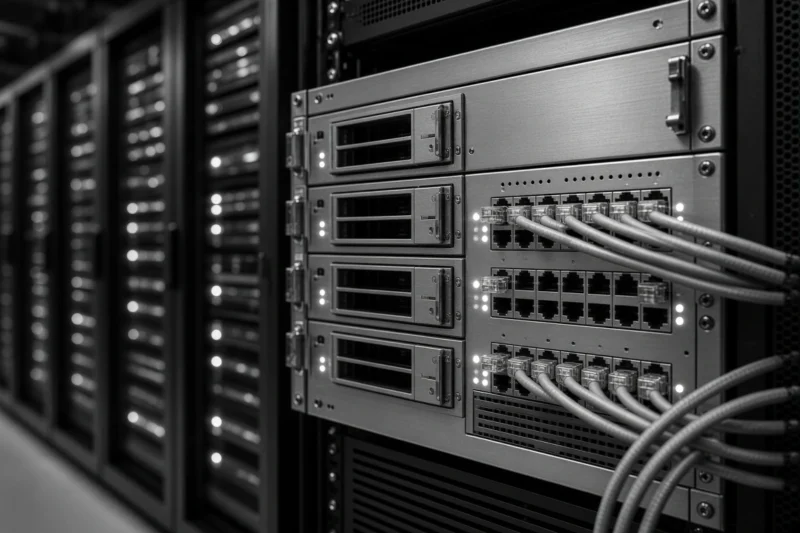Servidor y conexiones de red en un centro de datos para alojamiento web.